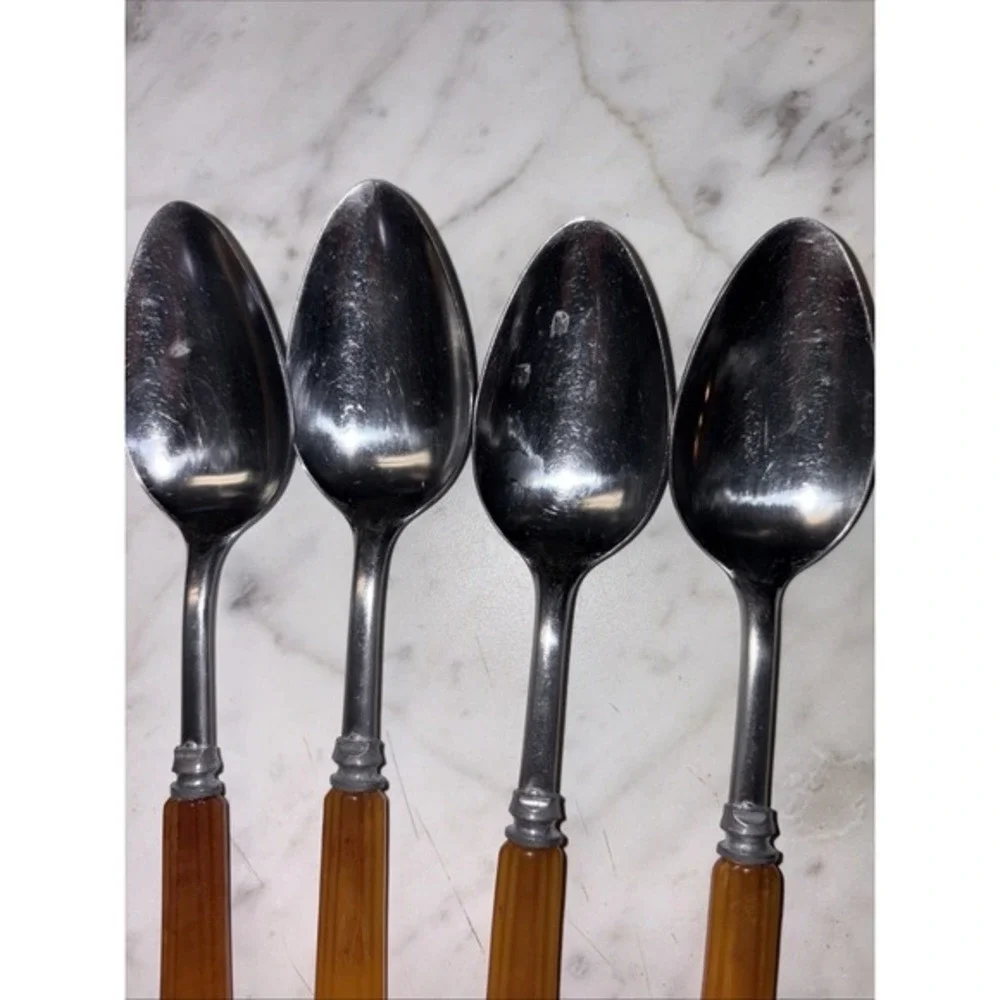 VTG Set of 4 Teaspoons Butterscotch‎ Bakelite Amber Handles MCM Style Farmhouse